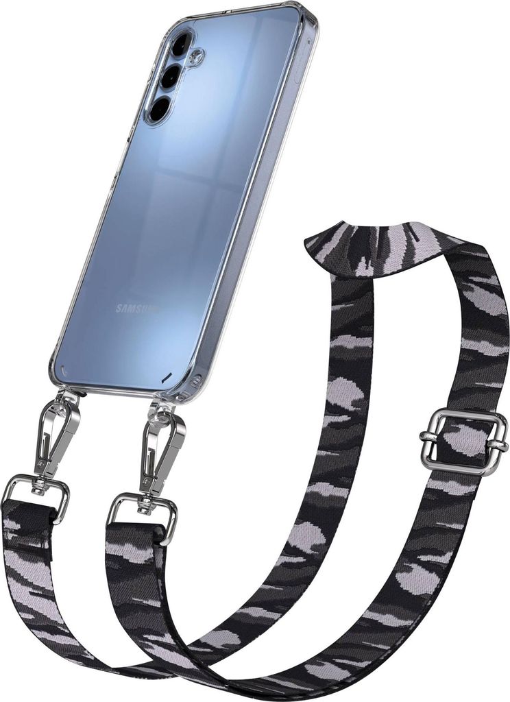 EAZY CASE Handykette - Verstellbarer Trageriemen kompatibel mit Samsung Galaxy A15, Handykordel mit transparenter Silikon-Hülle, Karabiner Silber,...
