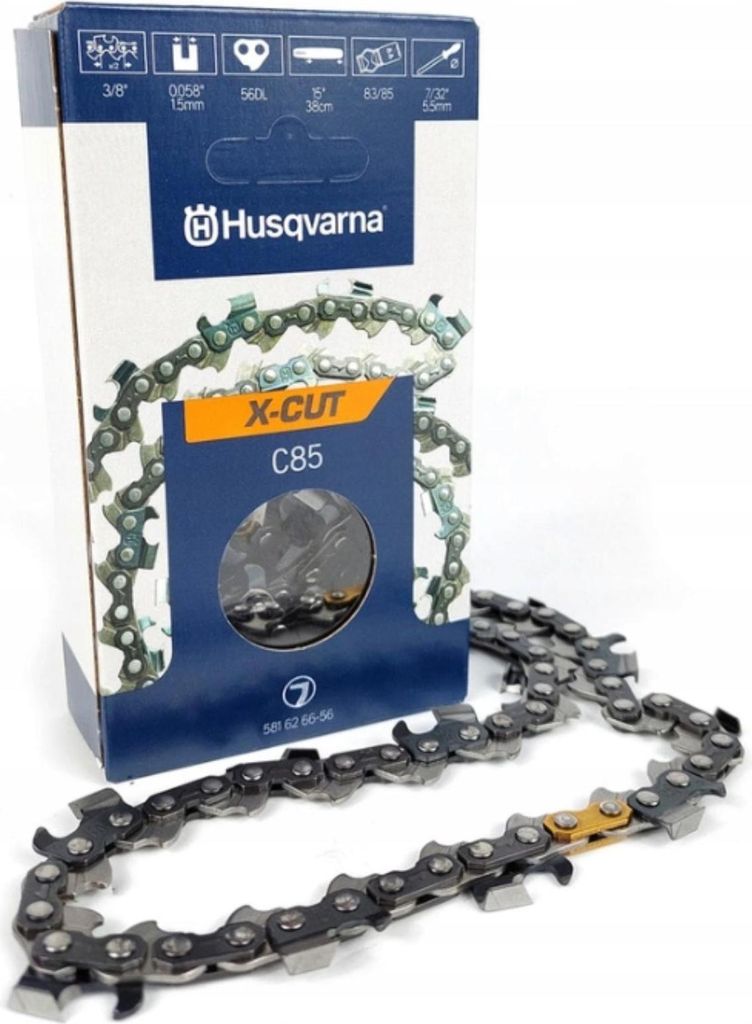 A Husqvarna X-CUT C85 chainsaw chain is shown next to its packaging.