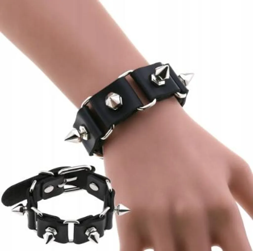 Bracelet en cuir noir à rivets pour look rock et motard - Taille XL