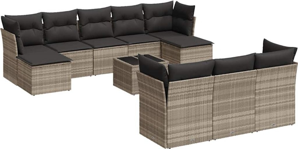 vidaXL 11-tlg. Garten-Sofagarnitur mit Kissen Hellgrau Poly Rattan