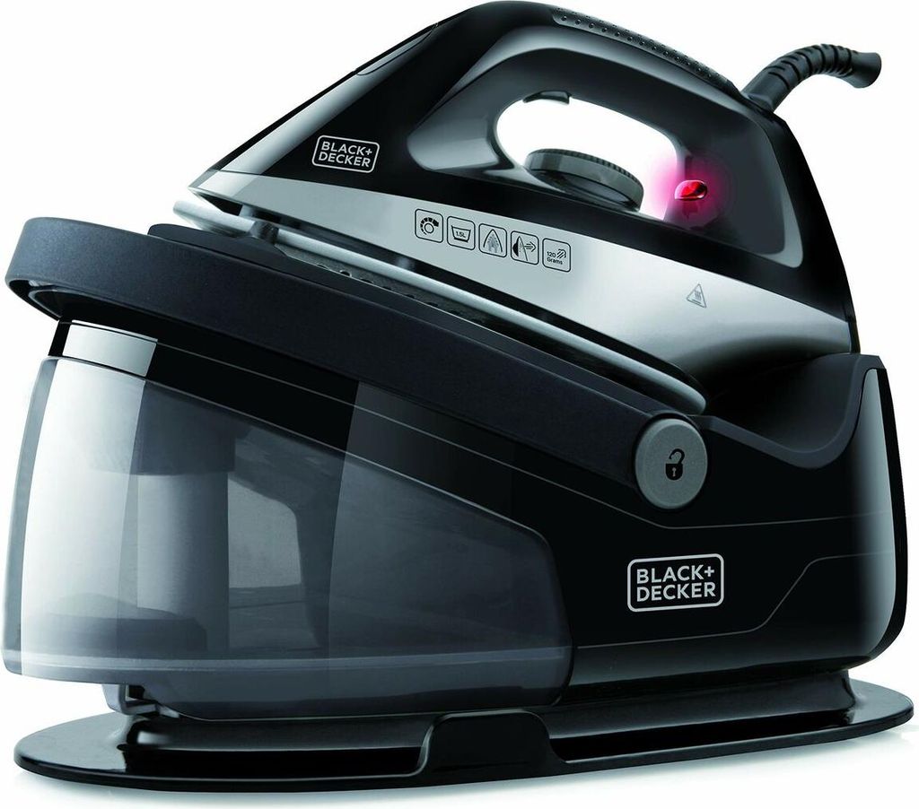 A black and silver steam iron station is shown on a white background.
