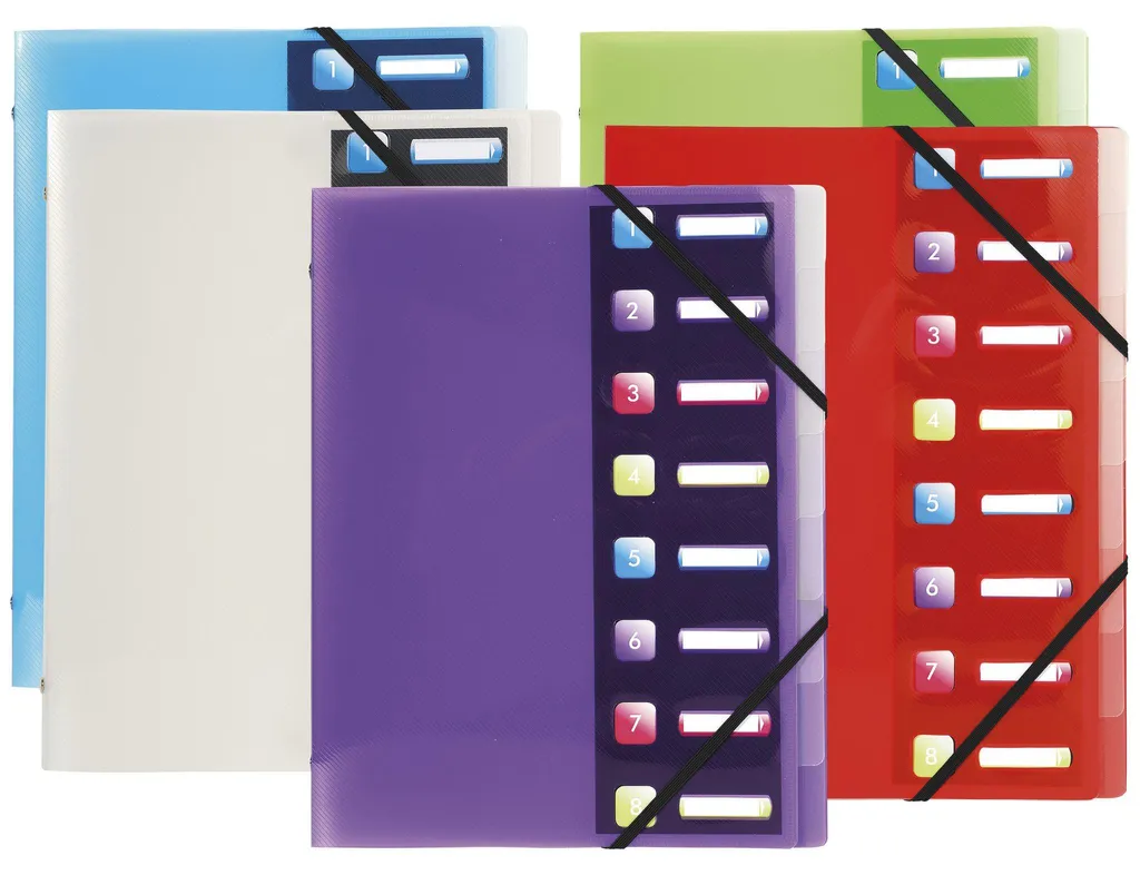 Trieur valisette A4 Crystal Colours avec 8 compartiments et élastiques