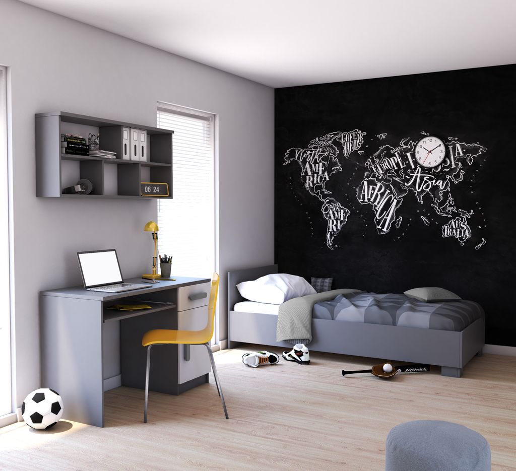 Kinderzimmer-Set Bett, Wandregal, Schreibtisch Grau/Weiß mit grauen Griffen ohne Matratze JONAS V3