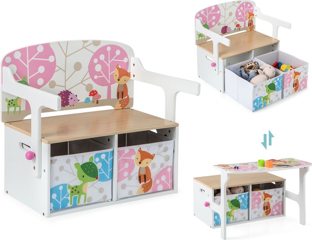 A collage of images showing a children's 3-in-1 table and chair set with storage bins, demonstrating different configurations.
