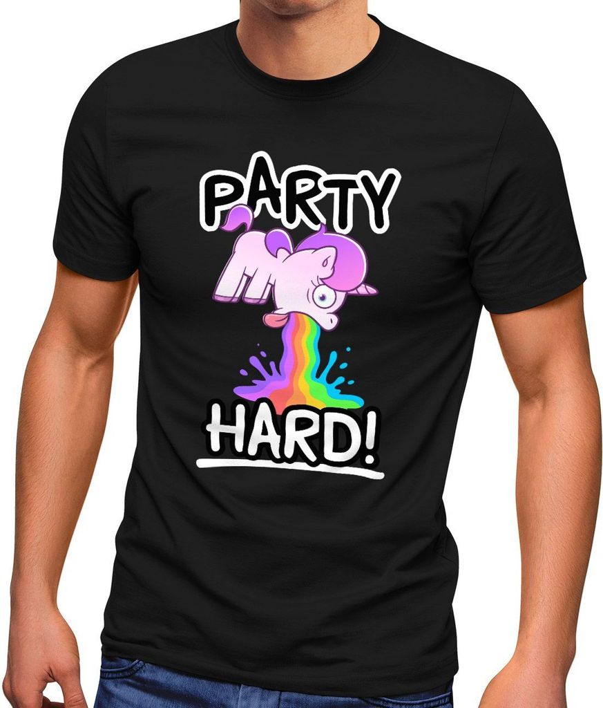 Herren T-Shirt Party Hard kotzendes Einhorn Comic-Stil Saufshirt Fun-Shirt Spruch lustig Moonworks schwarz XS