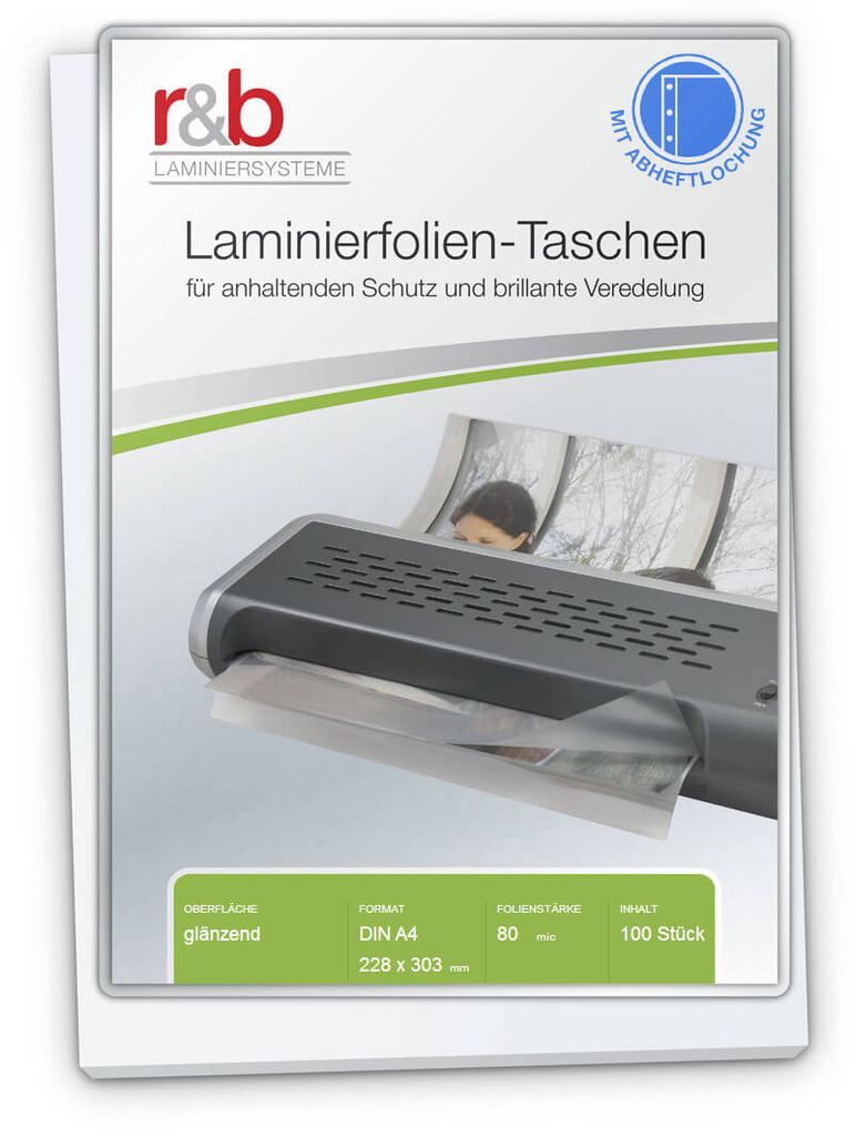 Laminierfolien A4 (228 x 303 mm), 2 x 80 mic, glänzend, mit 4fach Abheftlochung (100 Stück)