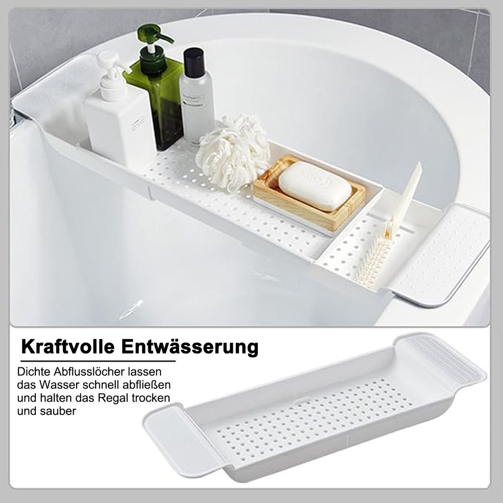 Badewannen-Organizer Verstellbar 55-78 Cm - Weiß/Schwarz Ablageschale Für Wein, Buch & Badezubehör