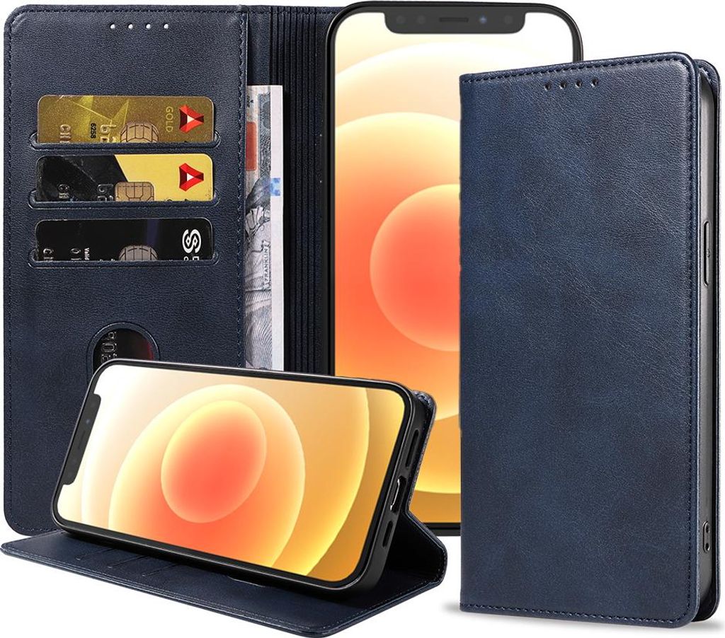 Smartphonica iPhone 12 Mini Kunstledertasche mit Magnetverschluss und Kartenhaltern Buchhülle - Blau