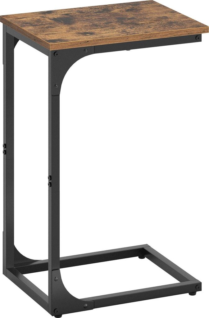 A C-shaped side table with a rustic brown wood top and a black metal frame.