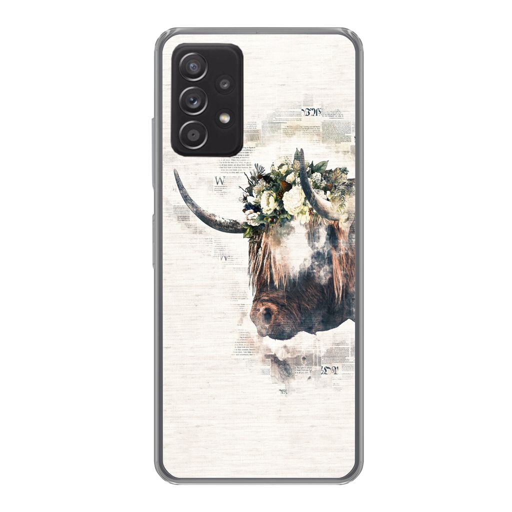 MuchoWow Handyhülle Schutzhülle Hülle für Samsung galaxy a73 Schottischer Highlander - Rauch - Blumen Silikon Softcase Handy Hülle - Handyh...