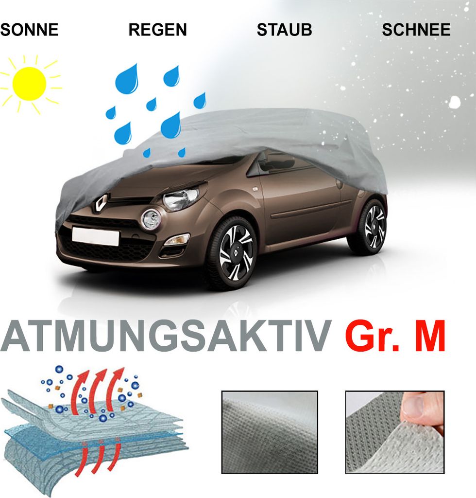 A car covered with a protective cover, with graphics illustrating its protective features against sun, rain, dust, and snow. Also shows a cross-section of the material and close-ups of the fabric texture.