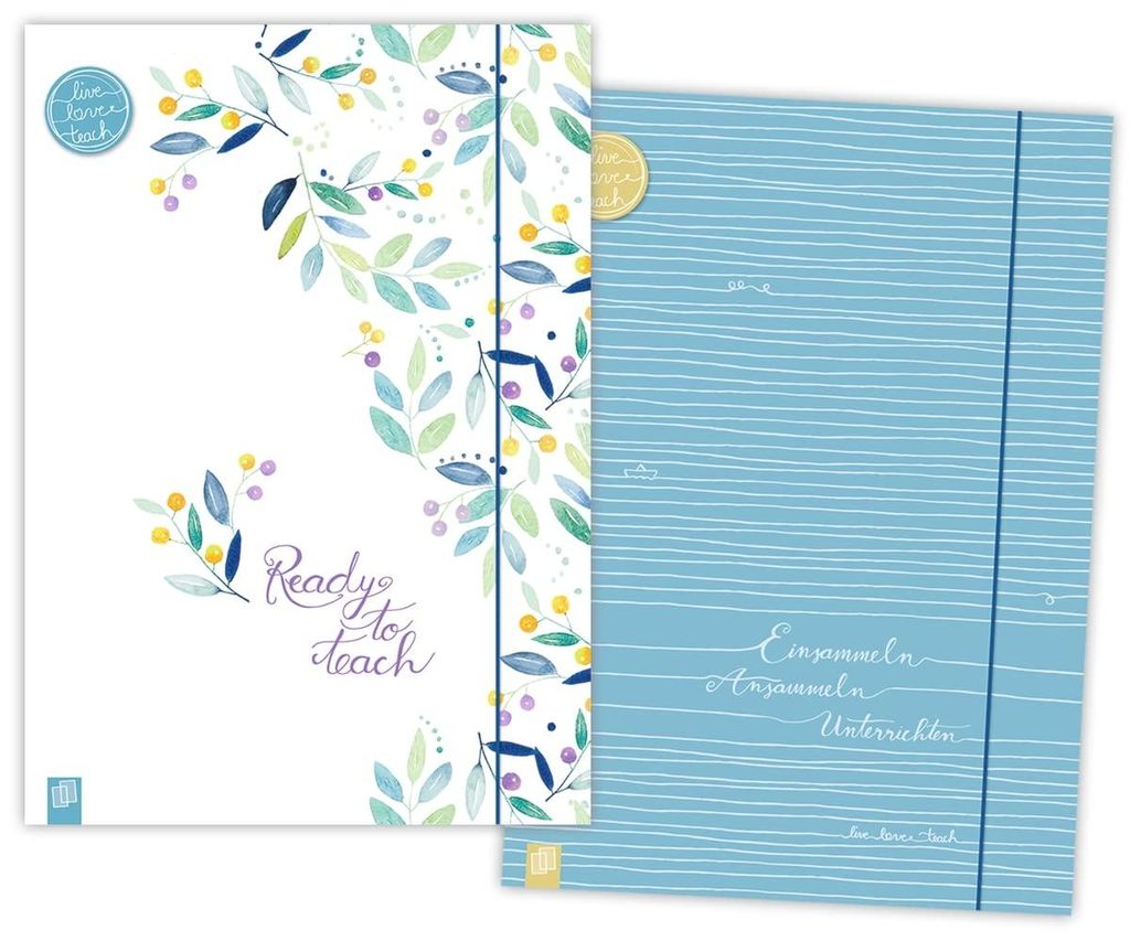 DIN A4+ Portfoliomappen „Live – Love – Teach“ Flowers & Lines Edition: Mit Gummibandverschluss
