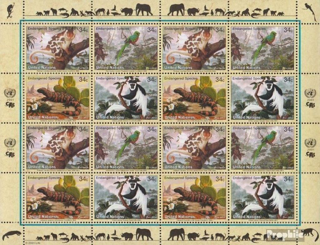 Briefmarken UNO - New York 2001 Mi 856-859Klb Kleinbogen (kompl.Ausg.) gestempelt Gefährdete Arten: Fauna
