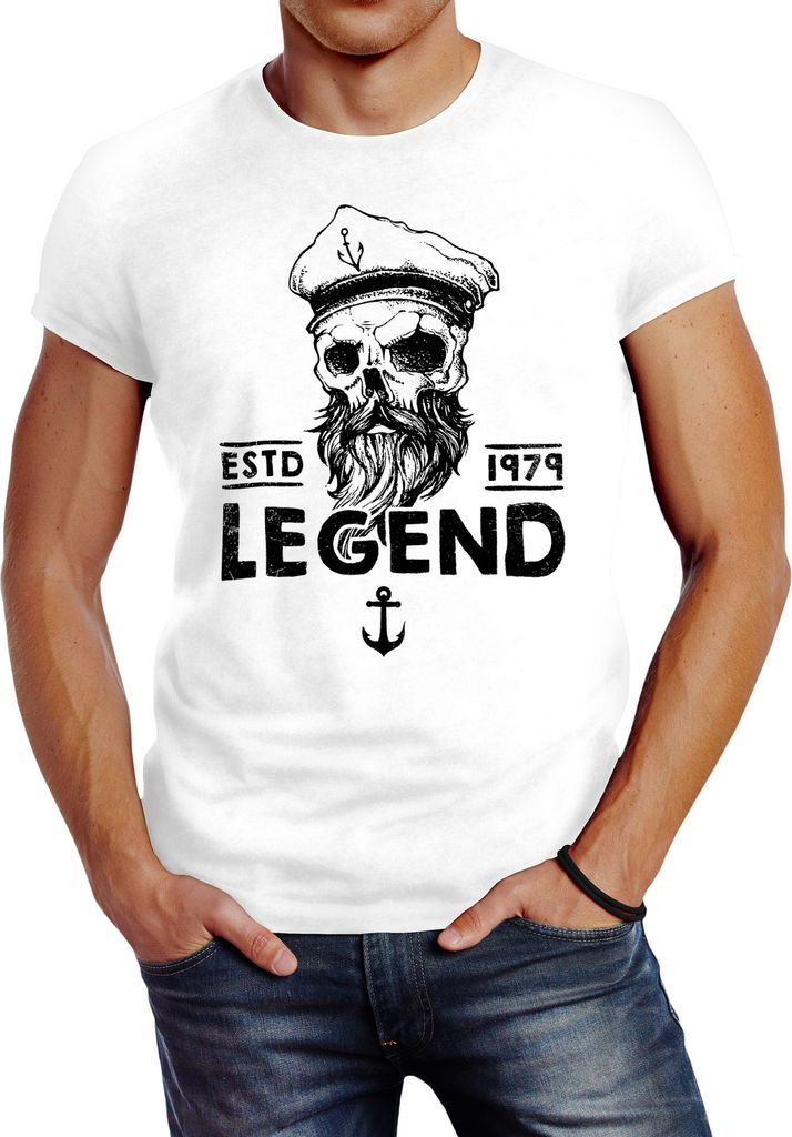 Herren T-Shirt Skull Captain Legend Totenkopf Bart Kapitän Slim Fit Neverless weiß XL