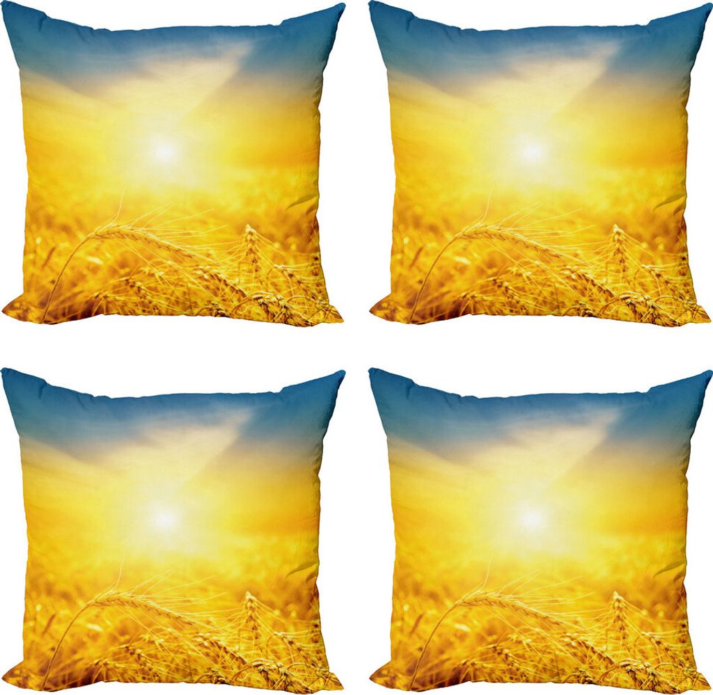 ABAKUHAUS Gelb und Blau Kissenbezug Set (4 Stück), Ernte Weizen, Moderner Doppelseitiger Digitaldruck, 45 cm x 45 cm, Erde Gelb Petrol Blau