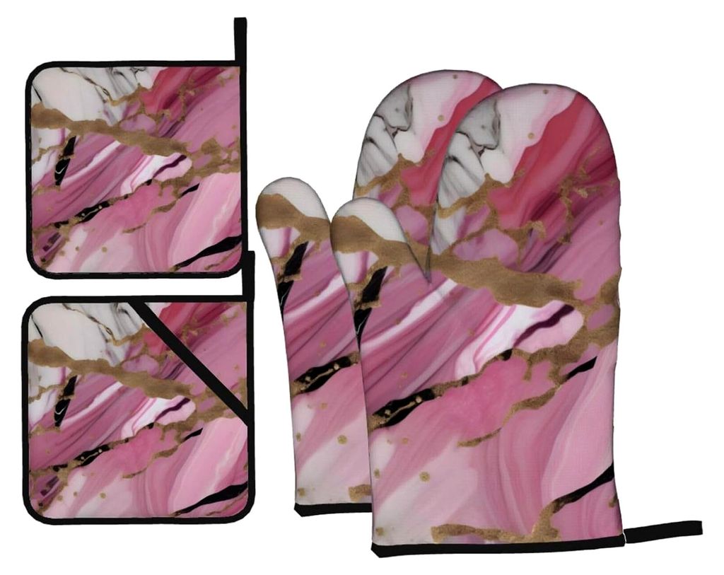 Ofenhandschuhe und Topflappen, Marmormuster, wasserdicht, zum Kochen, Backen, Grillen, Rosa, Weiß, 4 Stück