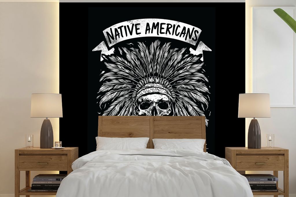 MuchoWow Fototapete für Wohnzimmer oder Schlafzimmer Wandtapete Vinyl Motivtapete Maske - Federn - Retro - Schwarz - Weiß - 350x350 cm - Schlaf...