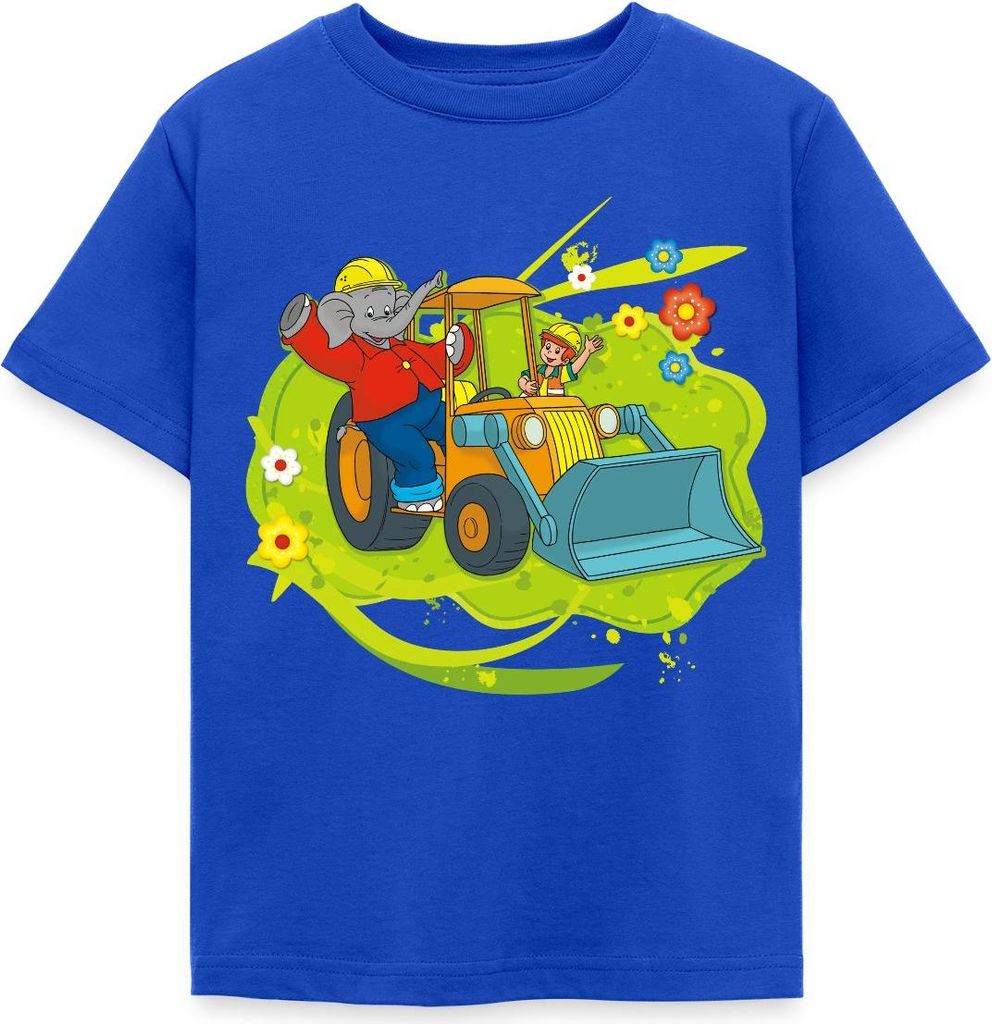 Spreadshirt Benjamin Blümchen Mit Schaufelbagger Kinder T-Shirt, 122/128 (7-8 Jahre), Royalblau