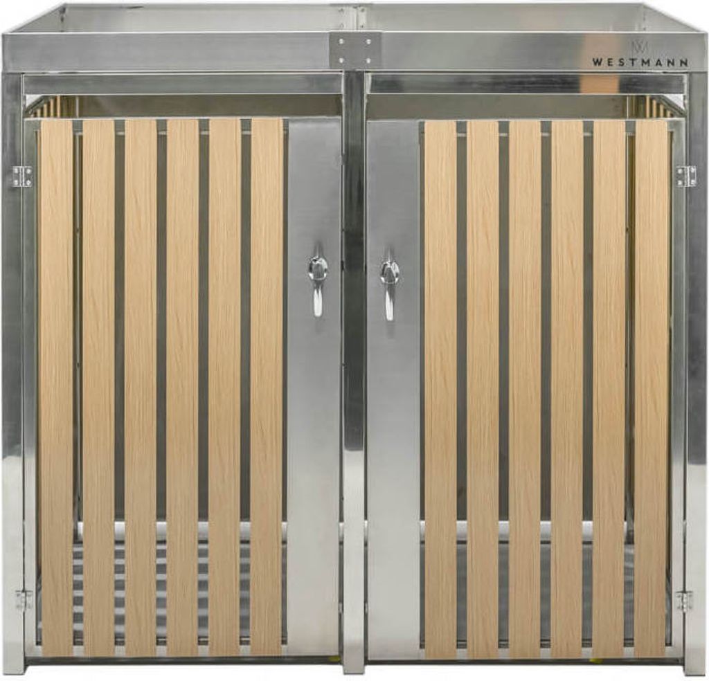 A front view of a double-door trash can enclosure with wooden slats and metal accents.