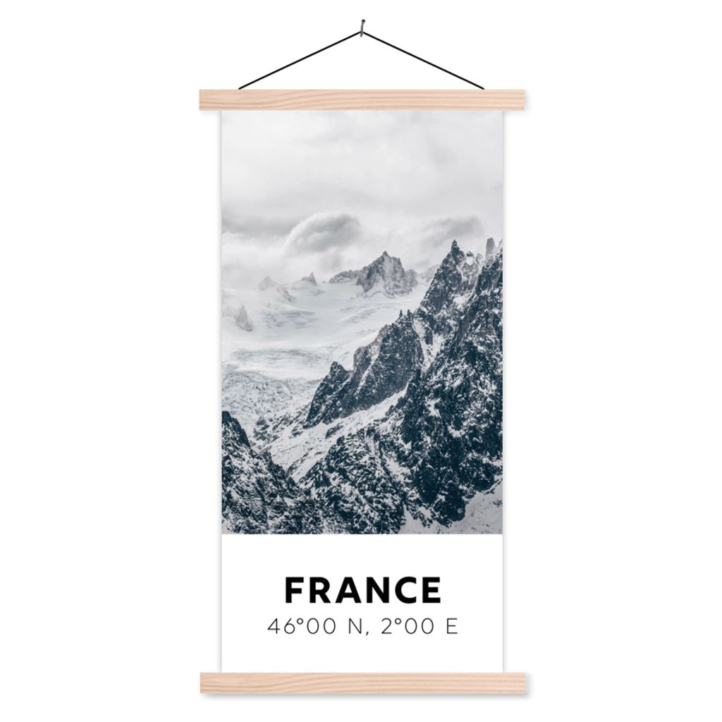 MuchoWow Textilposter Frankreich - Berge - Schnee 60x120 cm mit holzfarbenen Rahmen - Holz