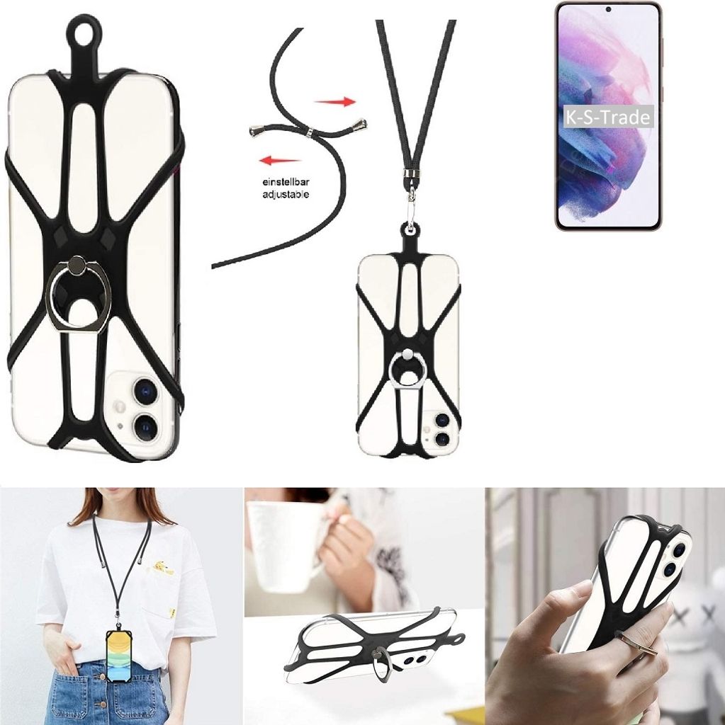 K-S-Trade 3in1 Handykette Handyband Handykordel Halsband Smartphone-Ring Handy-Ring kompatibel mit Samsung Galaxy S21 5G Exynos Fingerhalterung