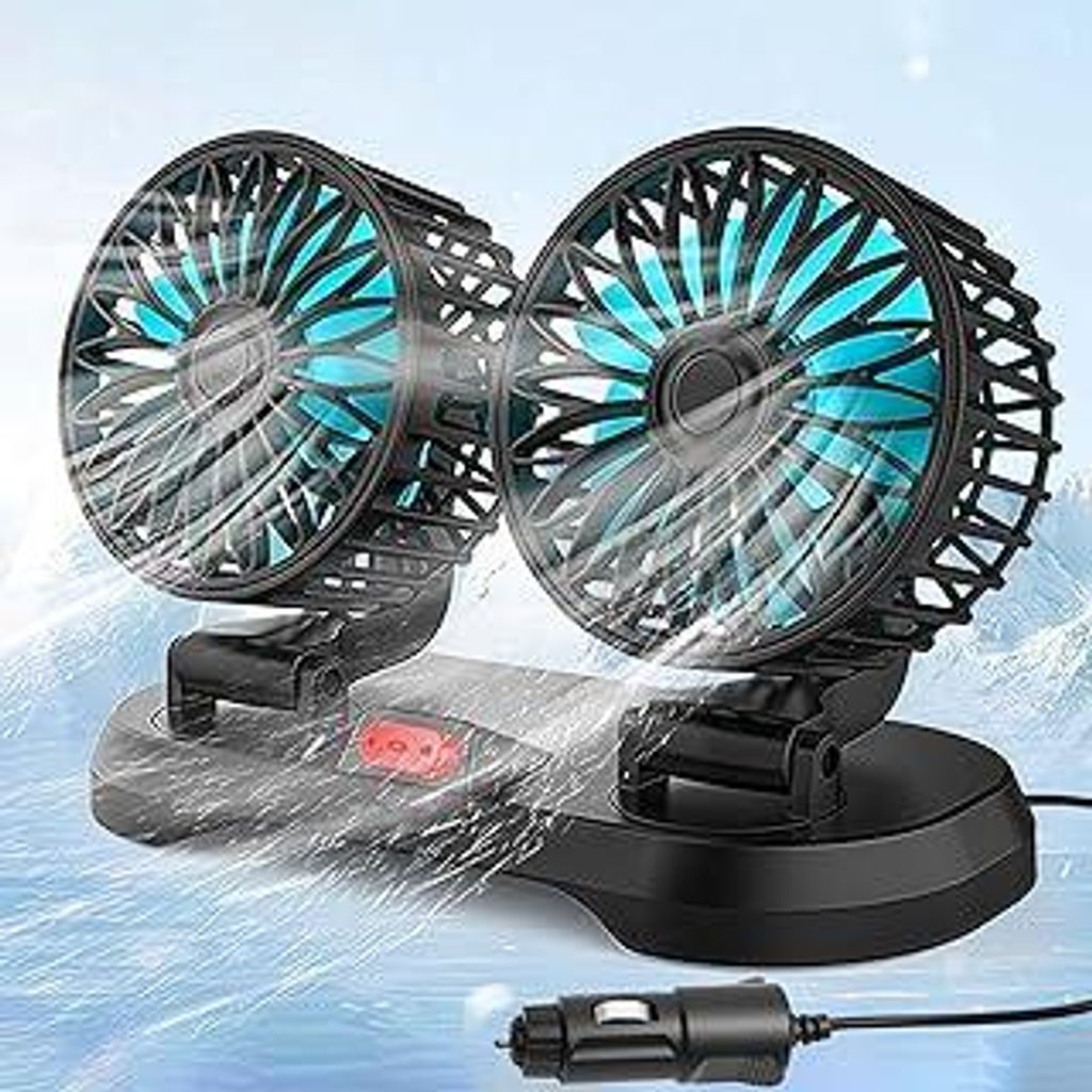 Sunshine smile Auto Ventilator für Rücksitz,12V Doppelkopf Auto Lüfter,Doppelkopf 360° drehbar Auto Fan Ventilator,2 Geschwindigkeiten Kühlend...