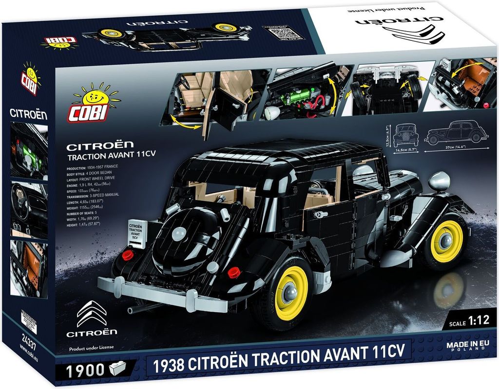 The image shows the packaging of a COBI construction toy set depicting a 1938 Citroën Traction Avant 11CV.
