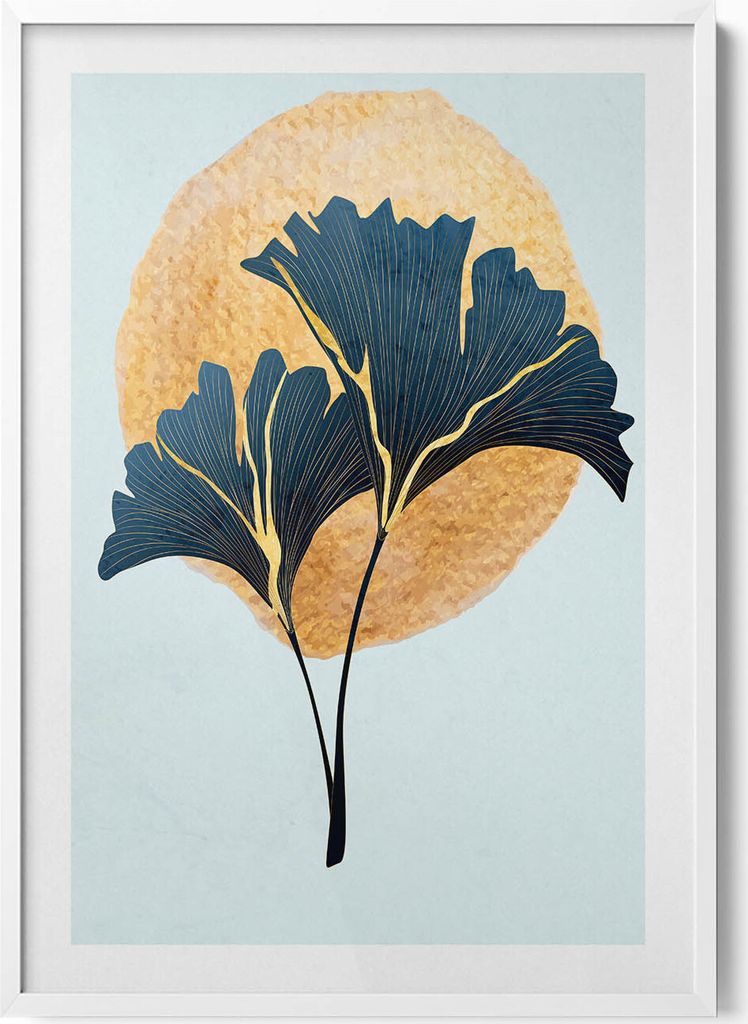 Illustration von Ginkgoblättern mit goldener Sonne– Wandbild mit Rahmen – Gerahmtes Bild – Wanddekoration – 70x100 cm – Weiß Rahmen
