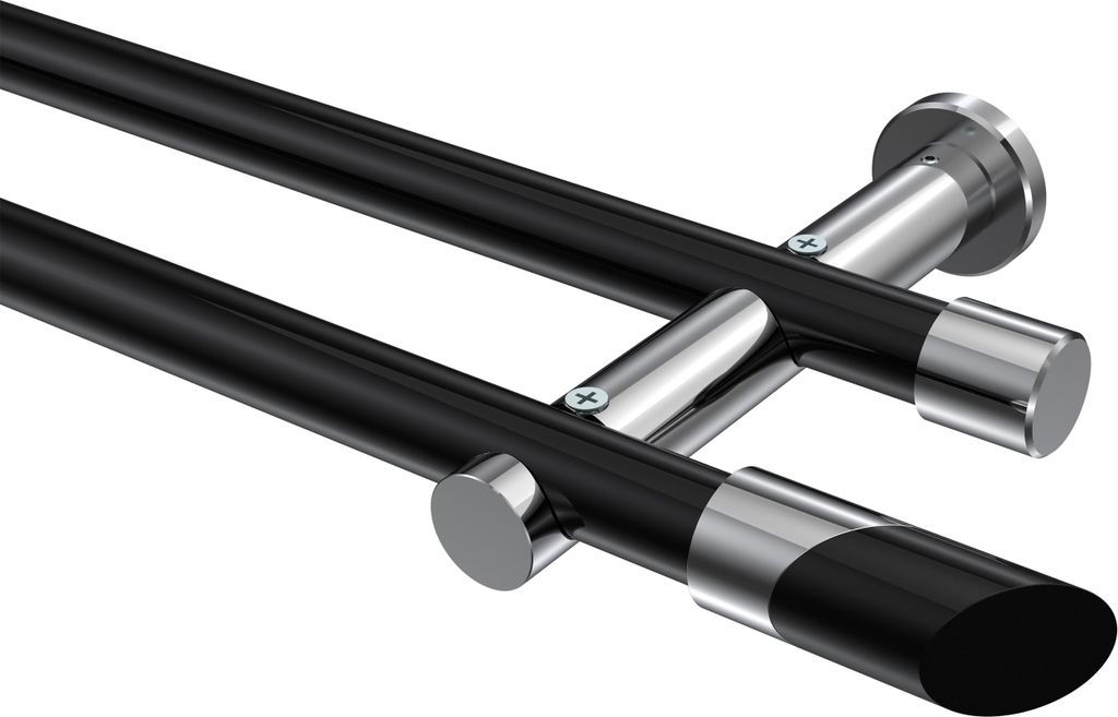 Interdeco Gardinenstange / Vorhangstange Schwarz / Chrom, Typ Platon Verano (Schräge Bicolor) ohne Ringe, 20 mm Ø 2-läufig, 260 cm