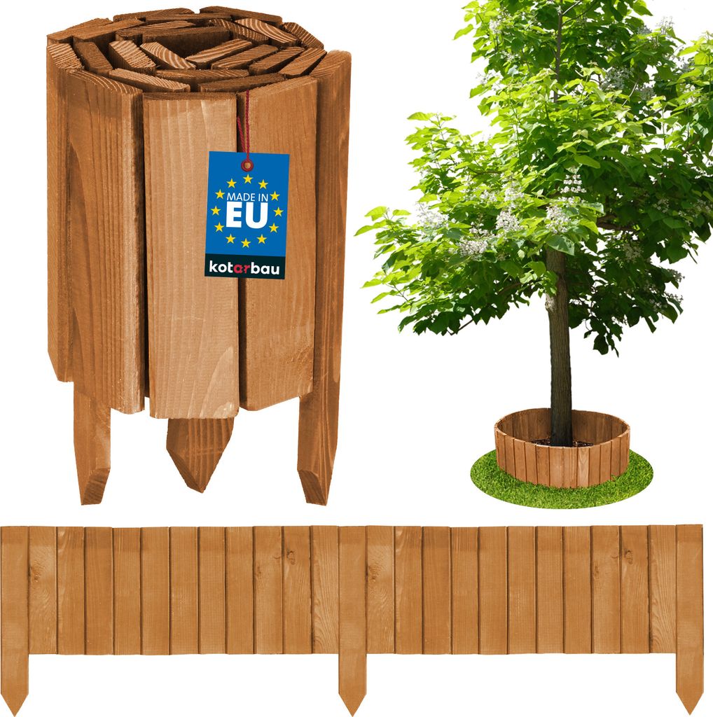 A collage of wooden garden edging products, including a rolled border, a tree with a wooden base, and a straight border.