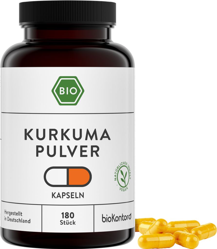 Kurkuma Kapseln | 180 Kapseln | 4000 mg je Tagesdosis | vegan und ohne Zusätze | bioKontor