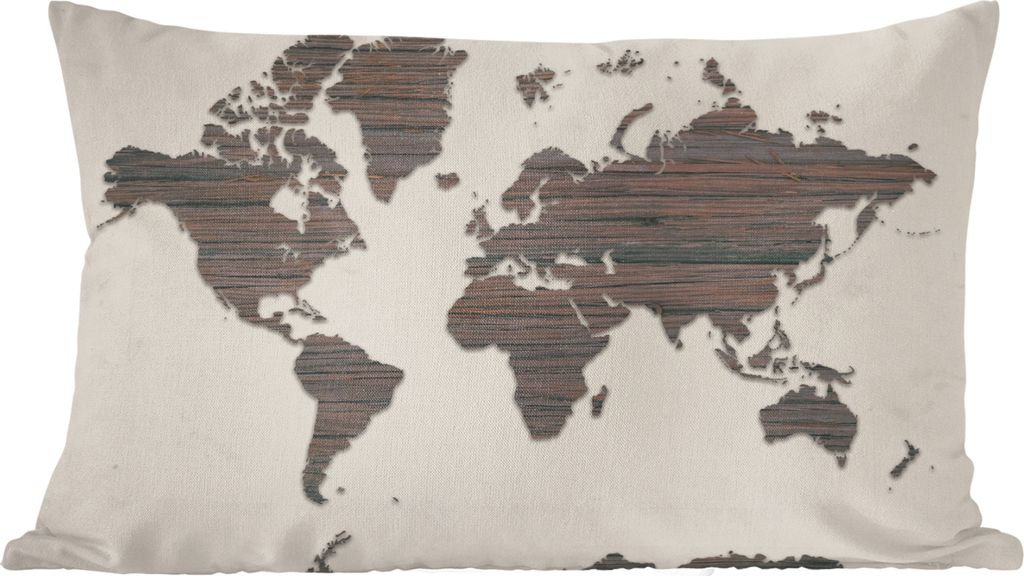 MuchoWow Zierkissen Sofakissen Wohnzimmer Dekokissen 50x30 cm Weltkarte - Braun - Holz - Wohnzimmerdekoration - Polster mit Photo