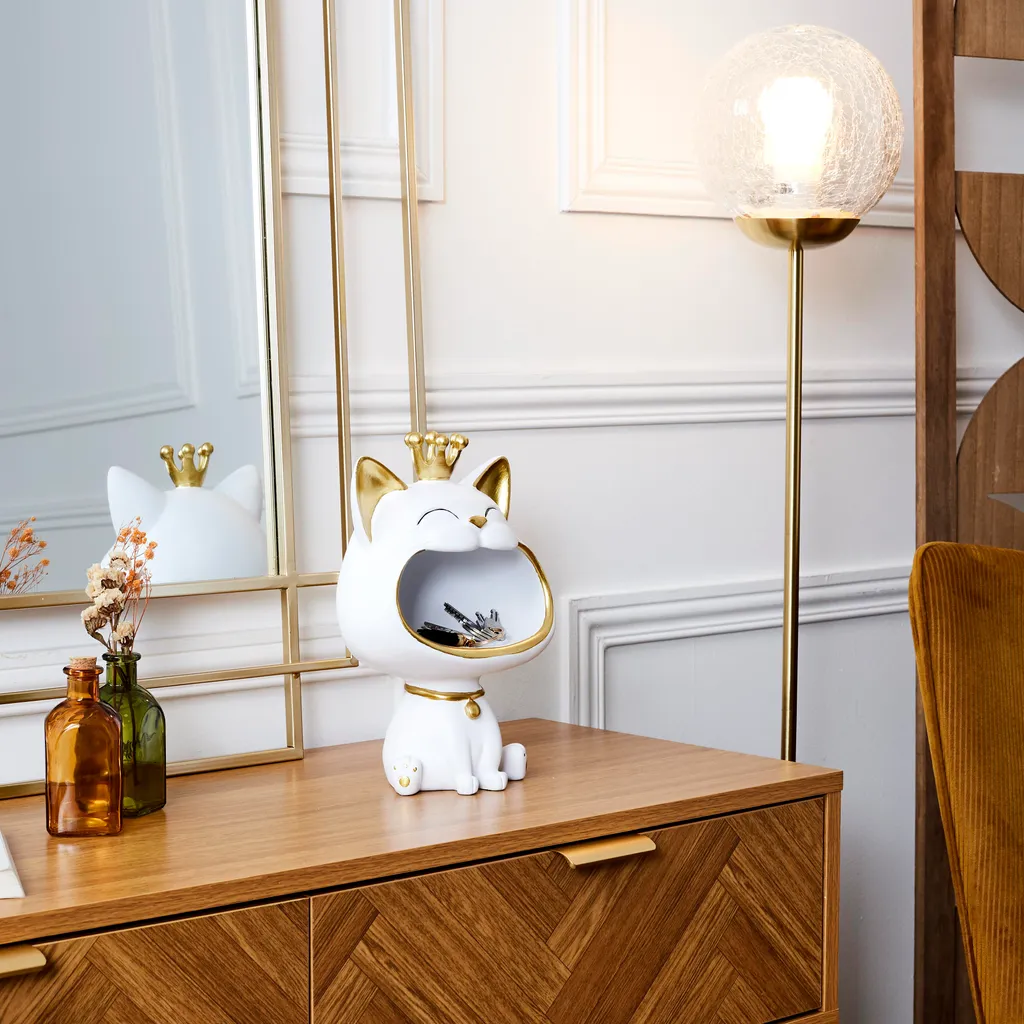 Statue Chat Blanc Vide Poche Moderne avec Détails Dorés 25cm