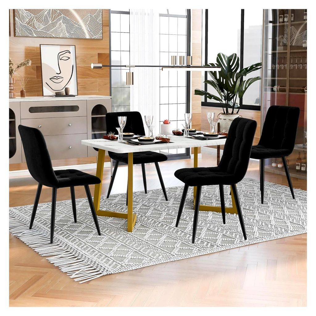 Esstisch mit 4 Stühlen, 68x117x75cm, Essgruppen, Küchentisch mit gepolsterten Stühlen, modernes Esszimmermöbel Set (Samt, Schwarz+Gold)