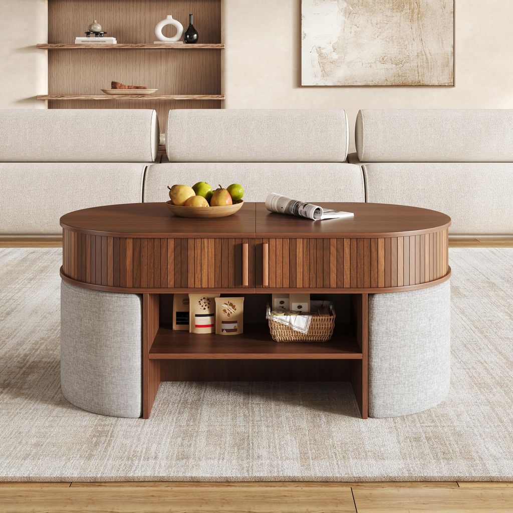 Okwish ovale salontafel met stoffen krukken en Productafbeelding 