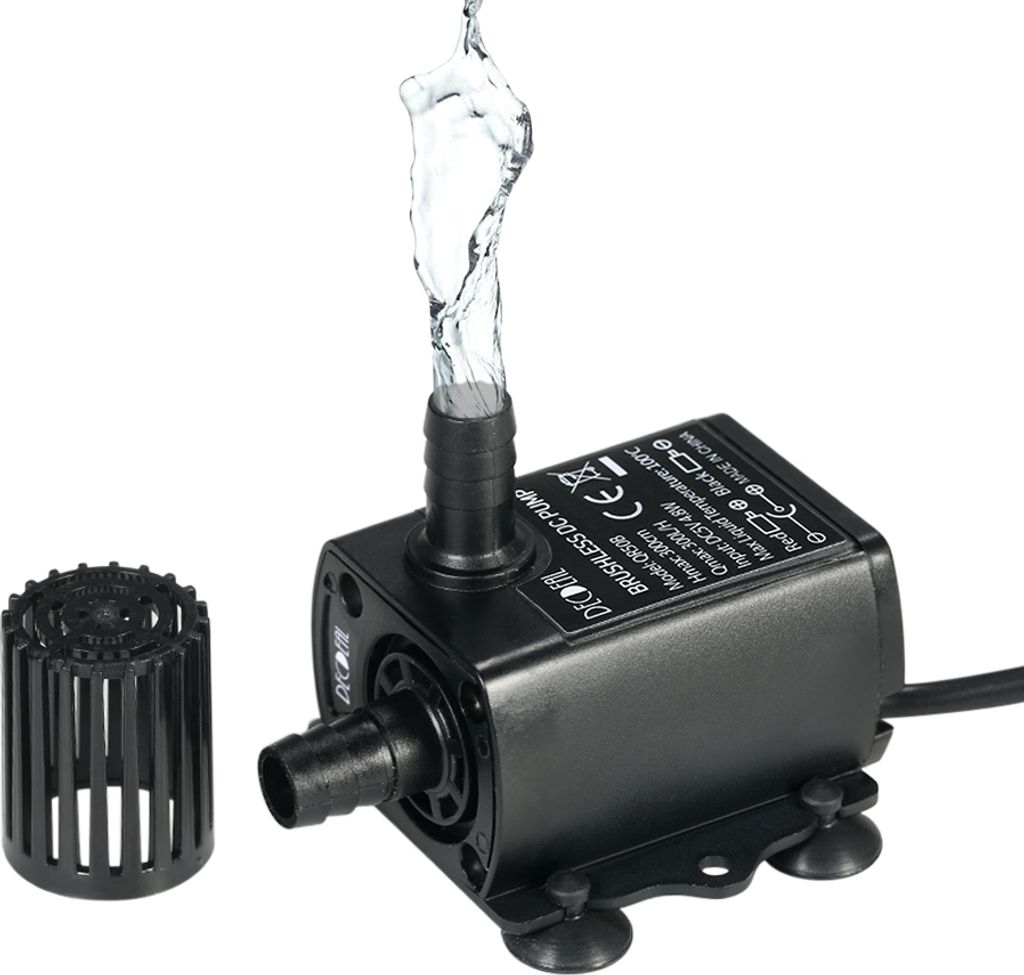 A black mini brushless DC water pump with water spraying from its outlet, shown with a separate filter attachment.