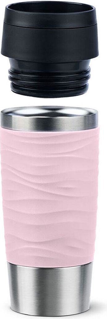 A pink insulated mug with a silver base and a black lid, shown separately.