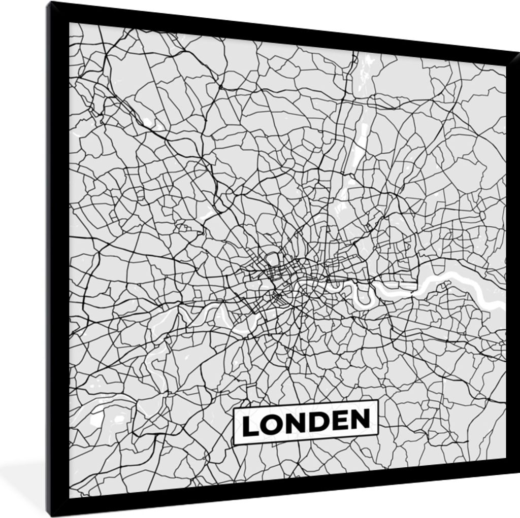 MuchoWow Gerahmtes Poster London - Stadtplan - Schwarz und Weiß - Karte 40x40 cm - Poster mit Schwarzem Bilderrahmen Wandposter Rahmen Foto Bild...