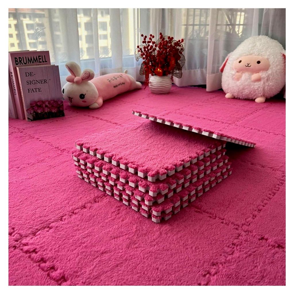 12 Stück Plüsch-Schaumstoffmatten, 30 x 30 cm für Wohnzimmer und Schlafzimmer, Steckbare Bodenfliesen für Spielräume (Rosa, 30 cm x 30 cm x 1,...
