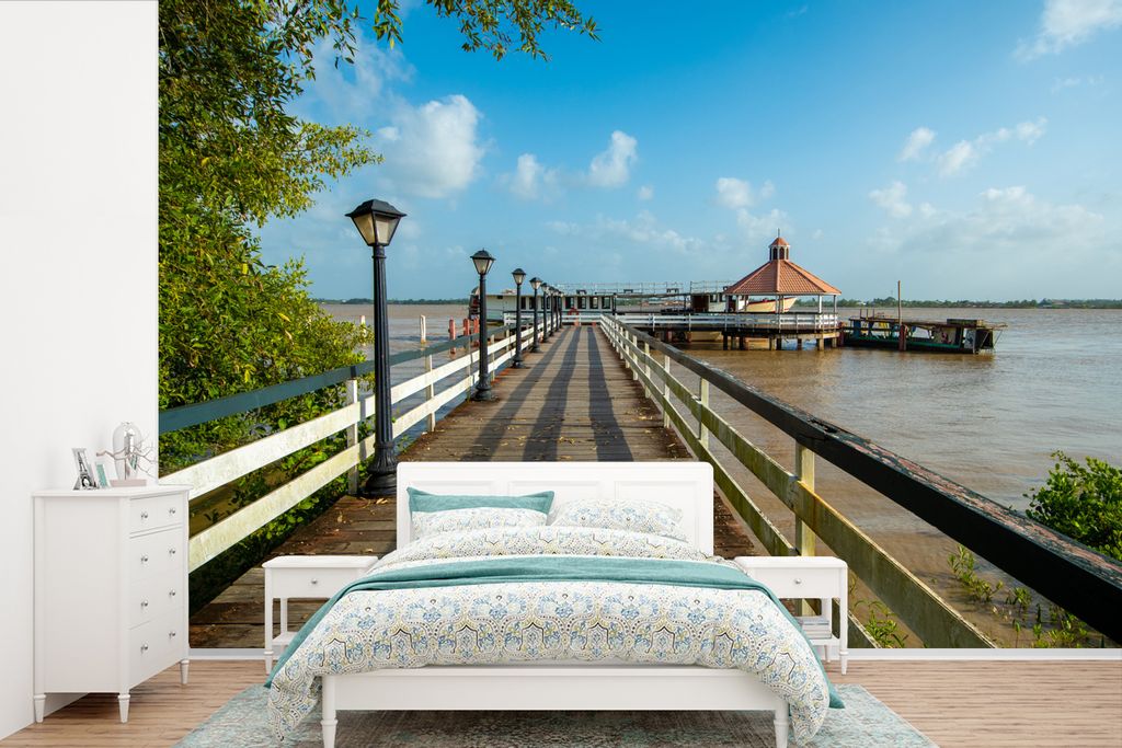 MuchoWow Fototapete für Wohnzimmer oder Schlafzimmer Wandtapete Vinyl Motivtapete Hölzerne Anlegestelle am Suriname-Fluss in Paramaribo - 450x3...