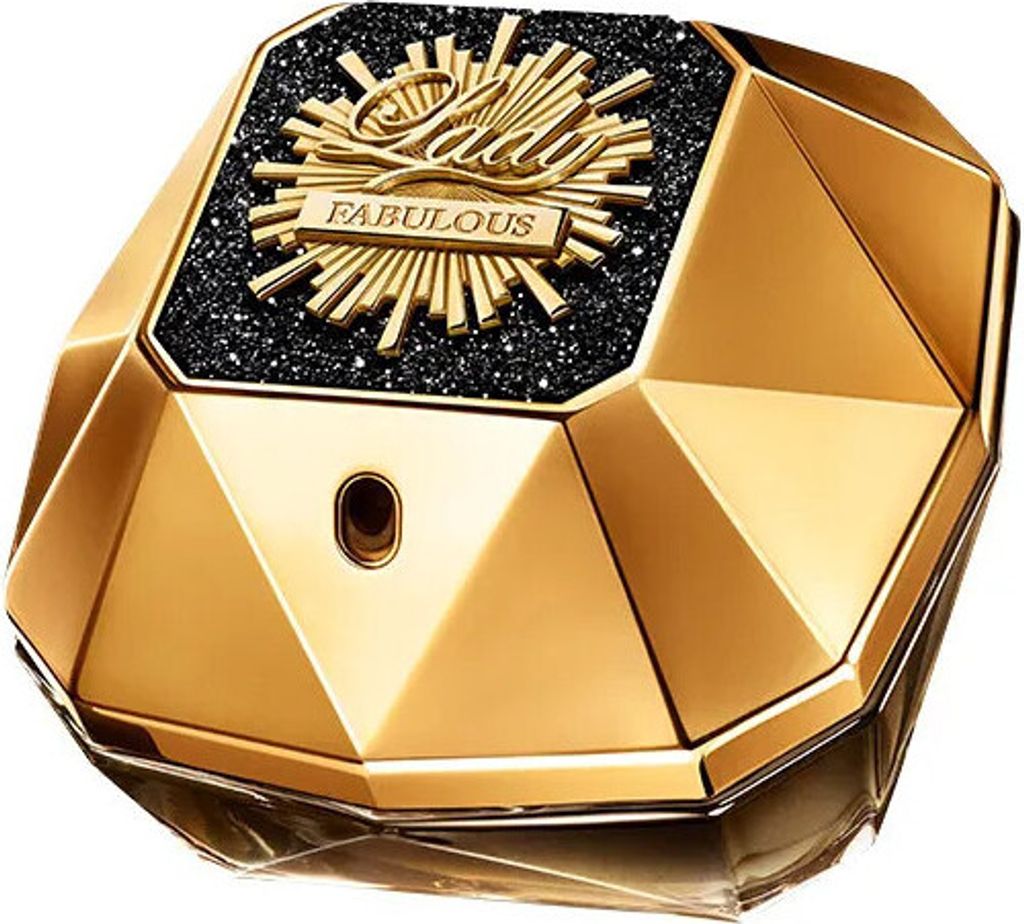 A gold, faceted perfume bottle with black glitter accents and the brand name 'Lady Million Fabulous' on the top.