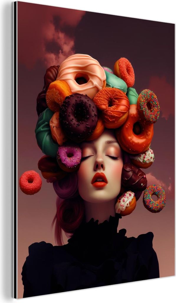 MuchoWow Wanddekoration Metall Metallbild Wandkunst 90x120 cm Frau - Donuts - Bunt MuchoWow Aluminium Gemälde - Industrial
