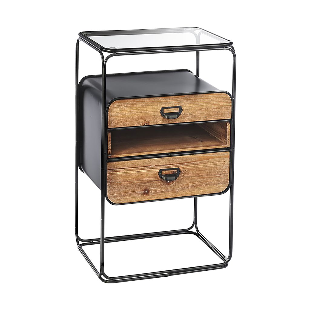 Kobolo Beistelltisch ANCONA aus Metall und Tannenholz Tisch Holz Kommode Schrank Glas Schubladen und Fach Sofatisch Beistelltische Kaffeetisch Tische