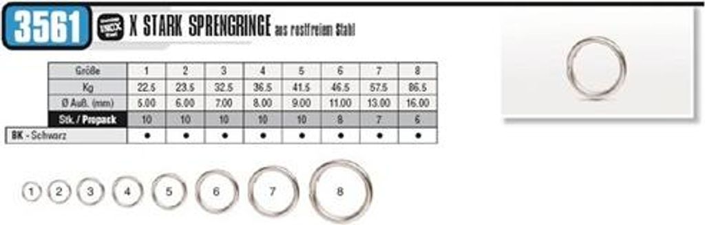 VMC 3561 Stainless X-Strong Split Ring - Sprengringe, Größe / Tragkraft / Packungsinhalt:Gr. 6 / 46.5kg / 8 Stück