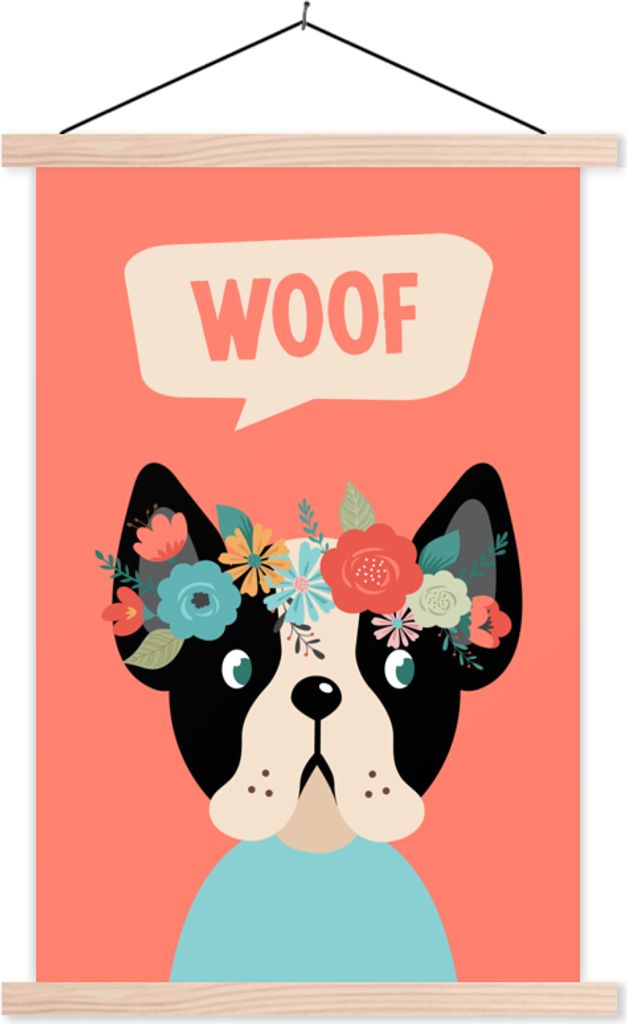 MuchoWow Textilposter Hund - Haustier - Blume 60x90 cm mit holzfarbenen Rahmen - Textil
