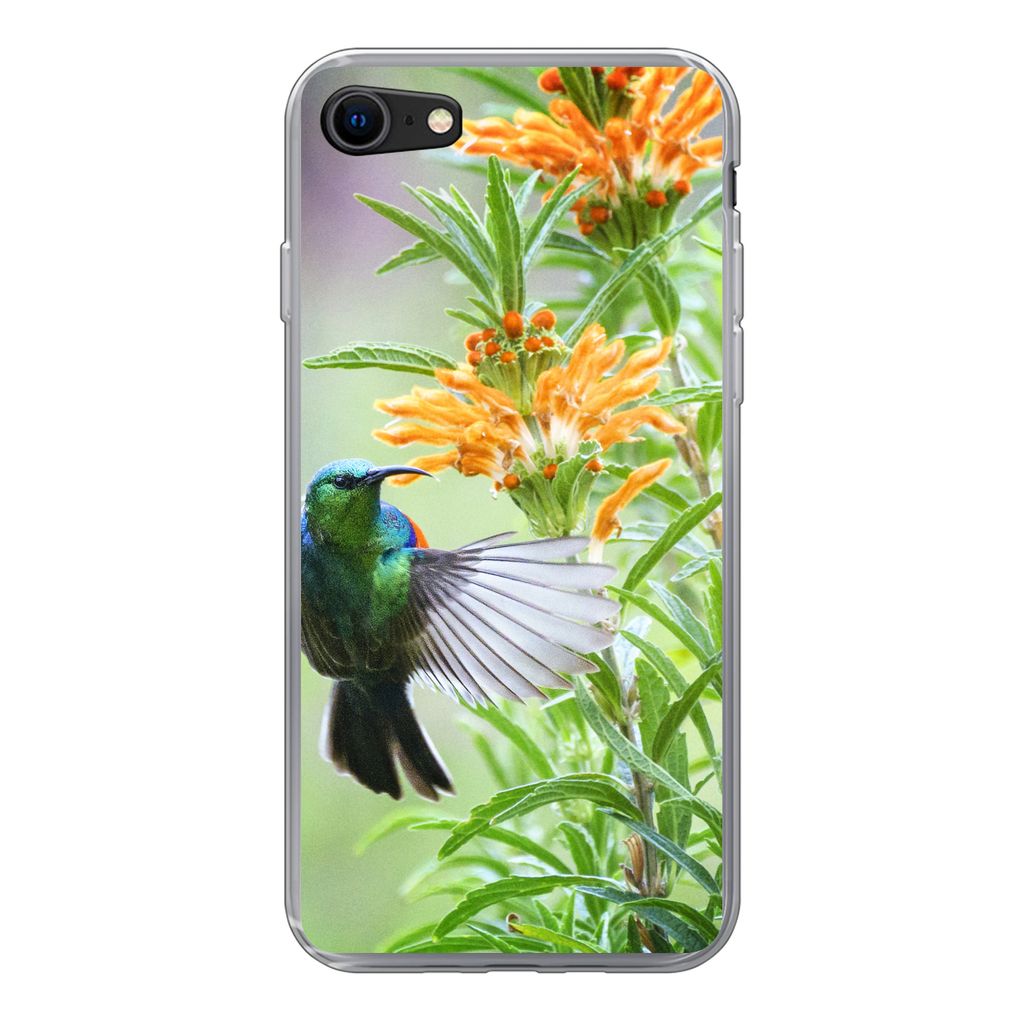 MuchoWow Handyhülle Schutzhülle Hülle für iPhone SE 2020 Nahaufnahme eines bunten Vogels neben Pflanzen mit orangefarbenen Blüten Silikon So...