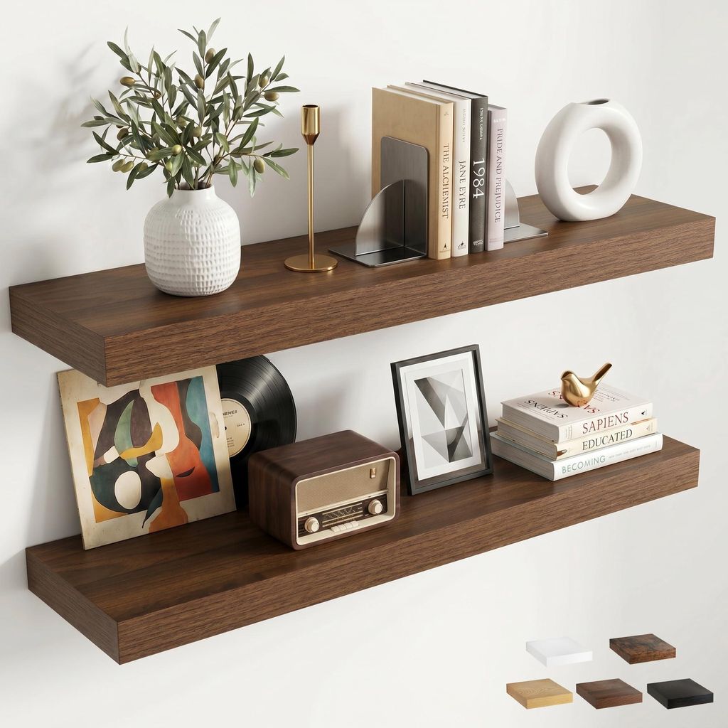 Mensole a parete in legno di noce, 80 cm, set da 2, con Immagine del prodotto 
