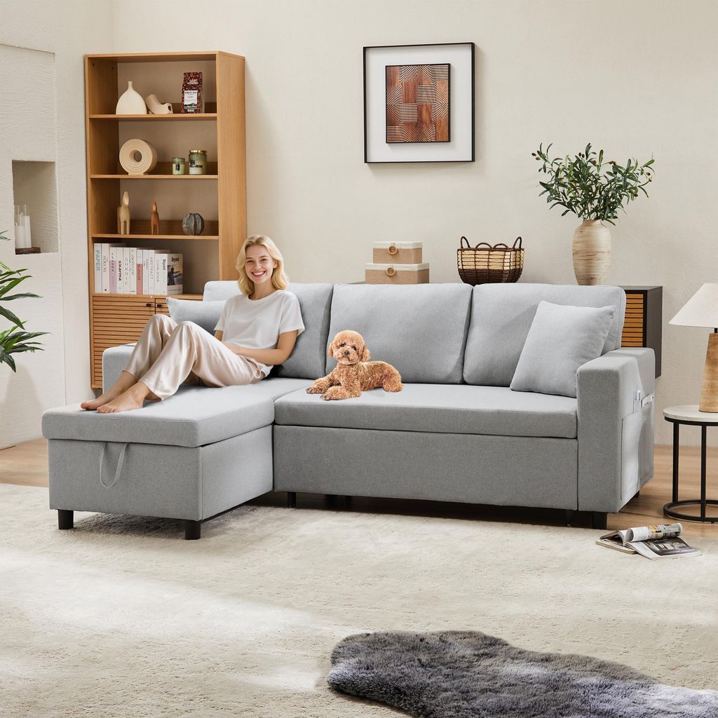 Merax 3-Sitzer Ecksofa mit Schlaffunktion, L-Form Sofa mit Bettkasten, Sofa Seitentasche Wohnlandschft, Schlafsofa Couchgarnitur Bettcouch, Hellgrau