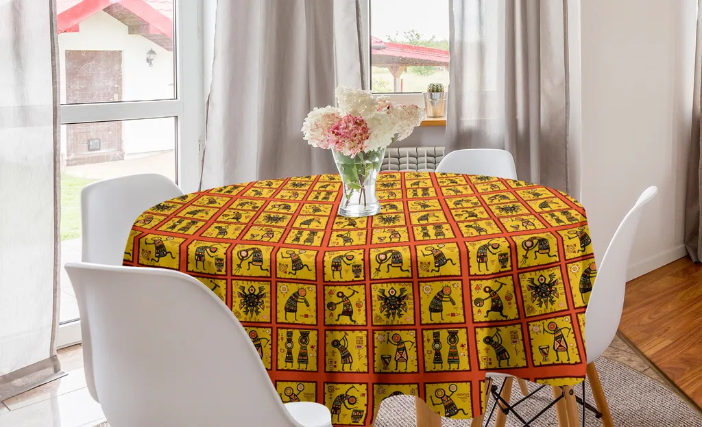 ABAKUHAUS Tovaglia rotonda arancione, motivo, tovaglia circolare per sala da pranzo, decorazione per cucina, 150 cm, corallo, nero, giallo
