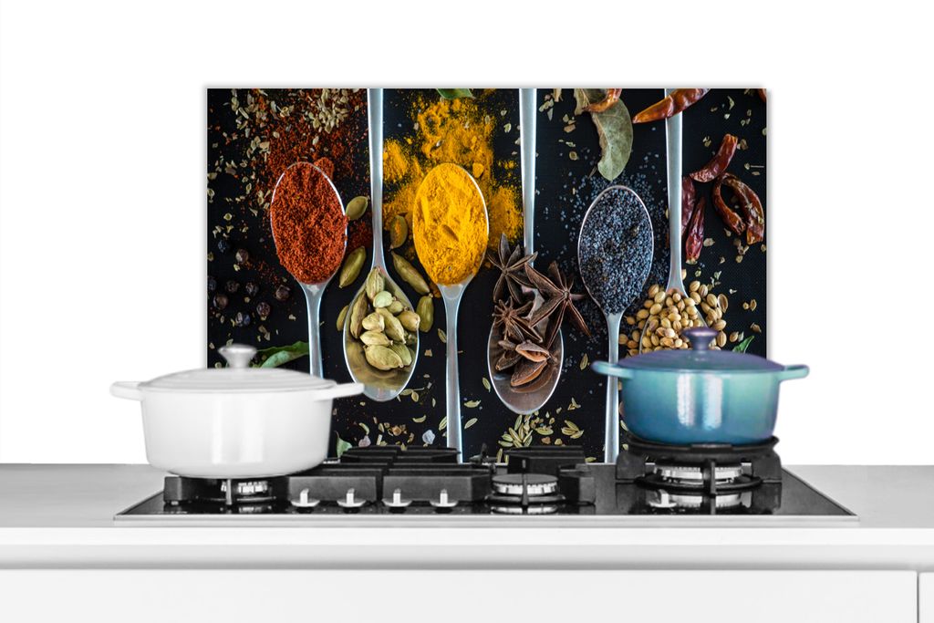 KitchenYeah Spritzschutz Küche - Küchenrückwand - Wandschutz für Herd und Spüle - Löffel - Gewürze - Kräuter - Essen - Tisch 70x50 - Alu...
